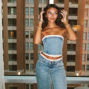 Edikted Lace Detail Denim Tube Top and Skirt Set